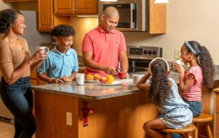 Family gathering in spacious kitchen