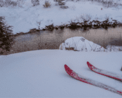 image of cross country skiing in the snow by a creek